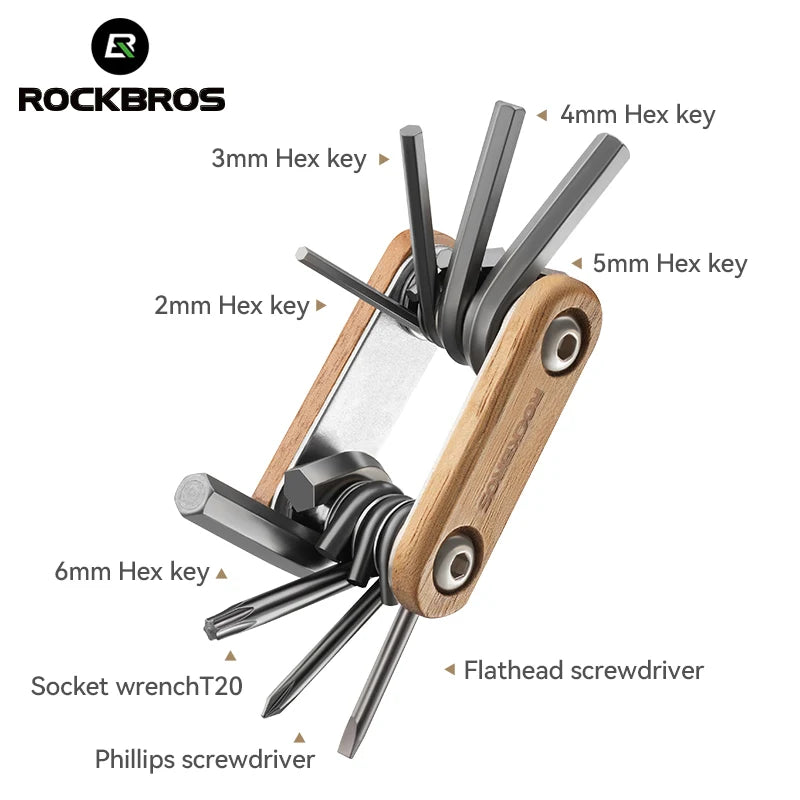 Rockbros Titanium-Plated 8-in-1 Wood Handle Multi Tool