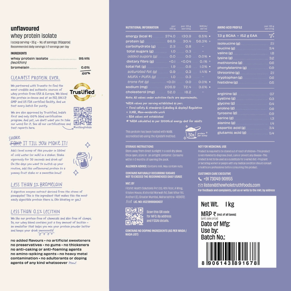 The Whole Truth 30g Unflavoured Whey Protein Isolate - Pack of 1Kg | The Bike Affair