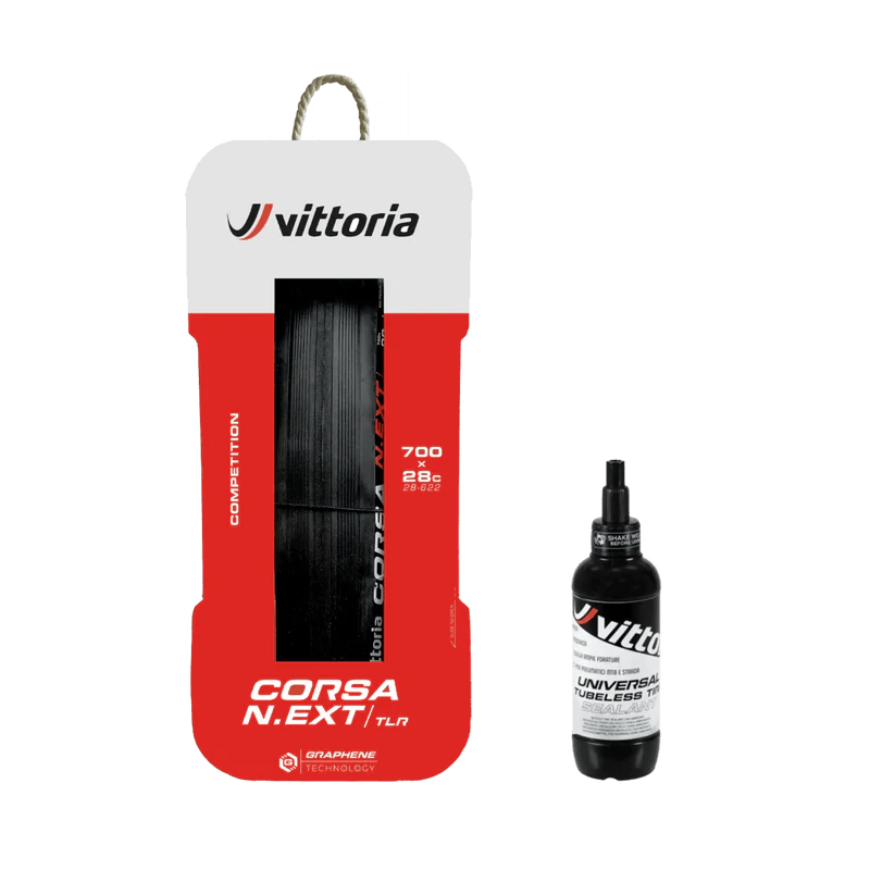 Vittoria Corsa N.ext Tubeless Tyre (700x28) Twin Pack + Universal Sealant | The Bike Affair