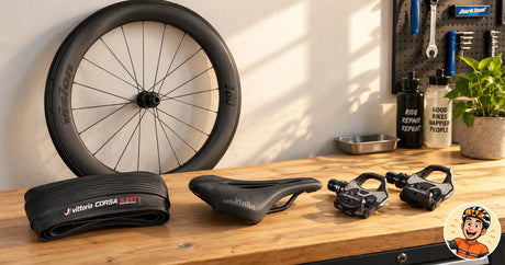 Road bike upgrades laid out on a workbench: a carbon wheel, a tyre, a saddle and clipless pedals