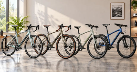 Four small-framed bikes in a showroom row: a road bike, a gravel bike, a hybrid and a mountain bike