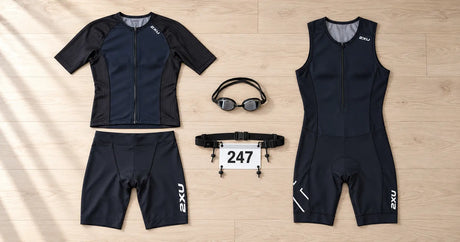 A 2XU tri top and tri shorts laid out beside a 2XU one-piece trisuit, with swim goggles and a race number belt