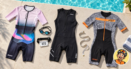 Three triathlon suits laid flat by a pool with goggles, a race belt and a tape measure