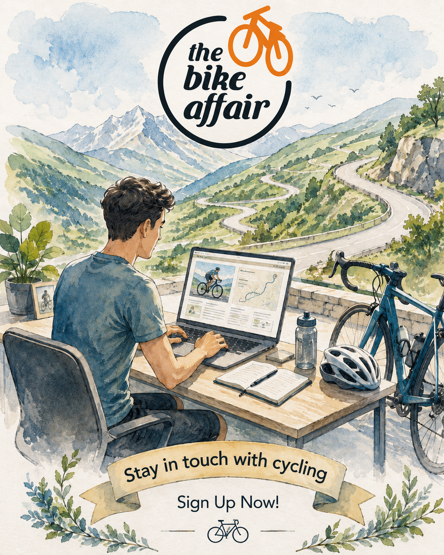 Rider planning a mountain route on a laptop, The Bike Affair